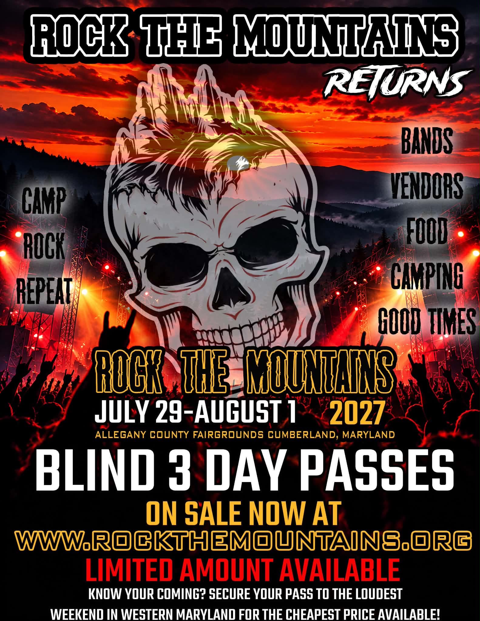Rock The Mountains 2027 festival poster — July 29 through August 1, Allegany County Fairgrounds, Cumberland, Maryland.